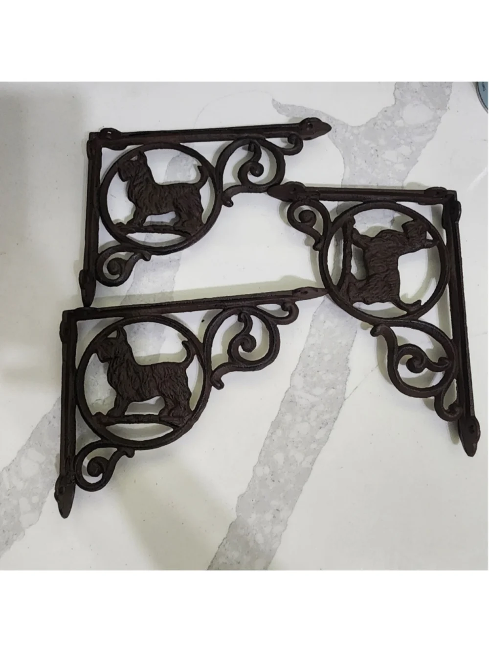 Scottie Dog Shelf Brackets Terrier Rustic Brown, Cast Iron Set of 3..